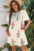 Apricot Floral Short Sleeve Split Neck Loose Mini Dress
